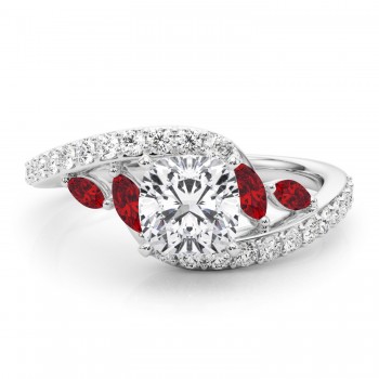 Swirl Design Lab Grown Diamond & Marquise Lab Ruby Engagement Ring 18K White Gold (0.63ct)